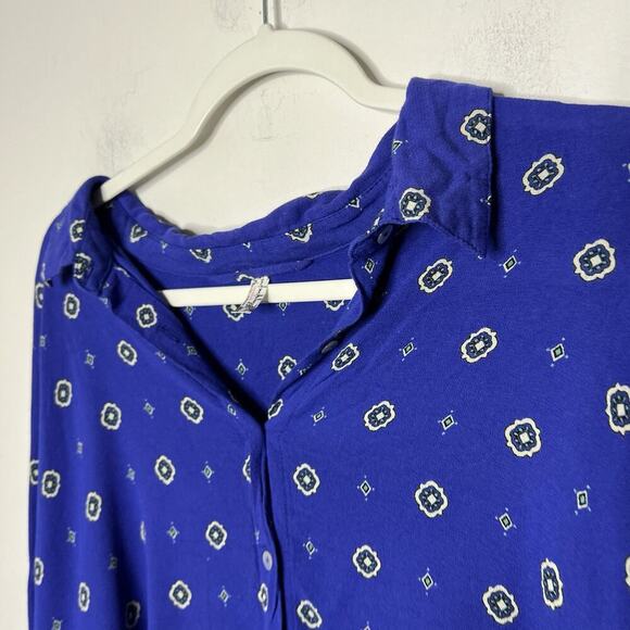 Free People Top Womens Large Blue Collared Button Up Office Career Flowy - Picture 4 of 12